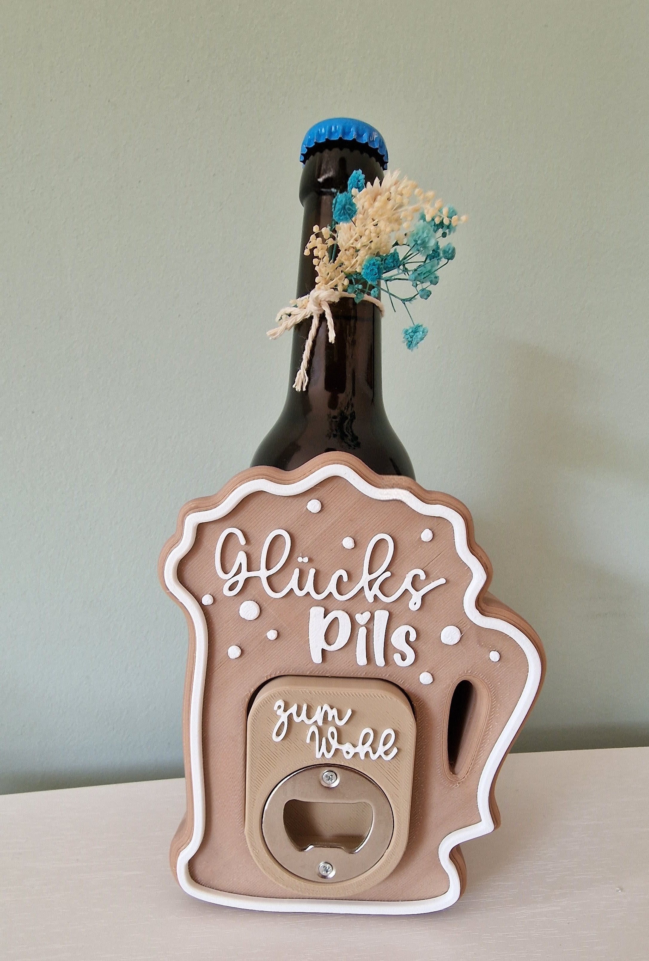Bierkrug Flaschenhalter " Glückspils"mit Flaschenöffner